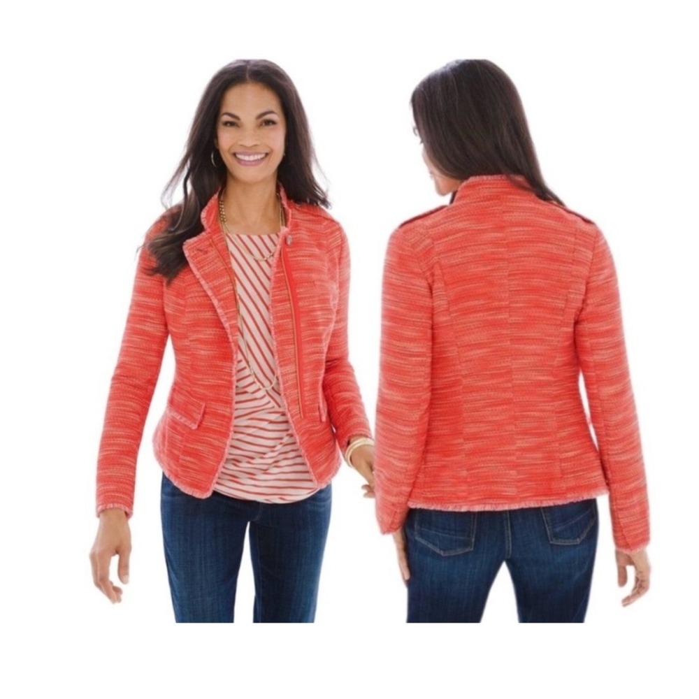 Chico's Tweed Jacket Women Orange Fringe Military Moto Blazer L‎ Career Tailored